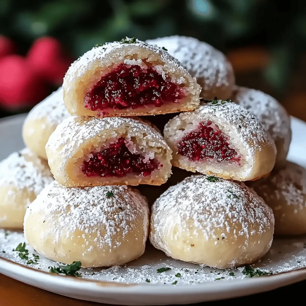 Raspberry Filled Almond Snowball Cookies