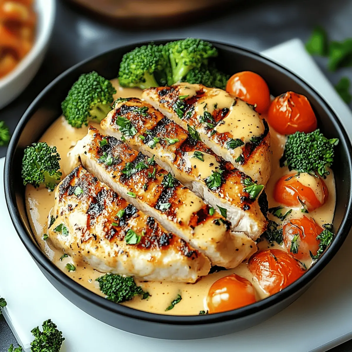 Grilled Chicken & Broccoli Bowls with Creamy Garlic Sauce