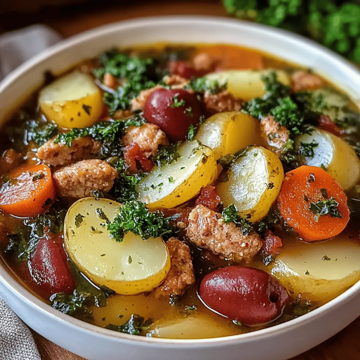 Hearty Sausage Soup with Potatoes, Beans, and Kale