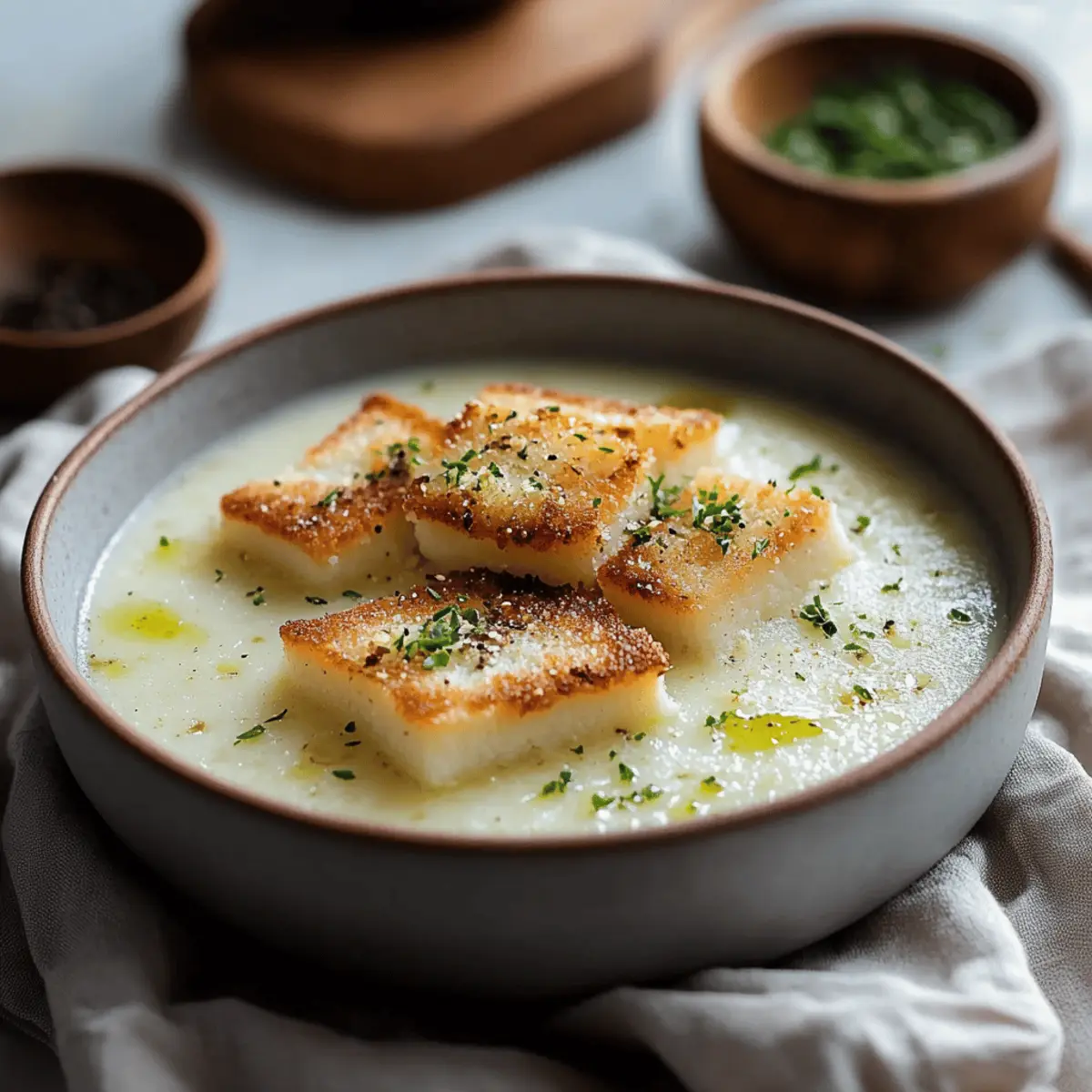 Roasted Garlic Potato Soup with Grilled Cheese Croutons