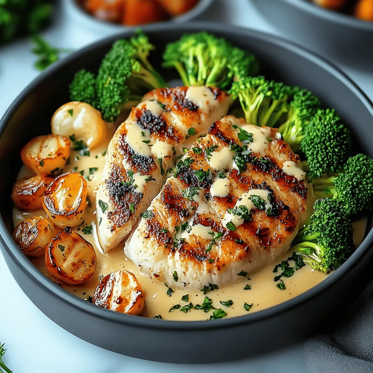 Grilled Chicken & Broccoli Bowls with Creamy Garlic Sauce