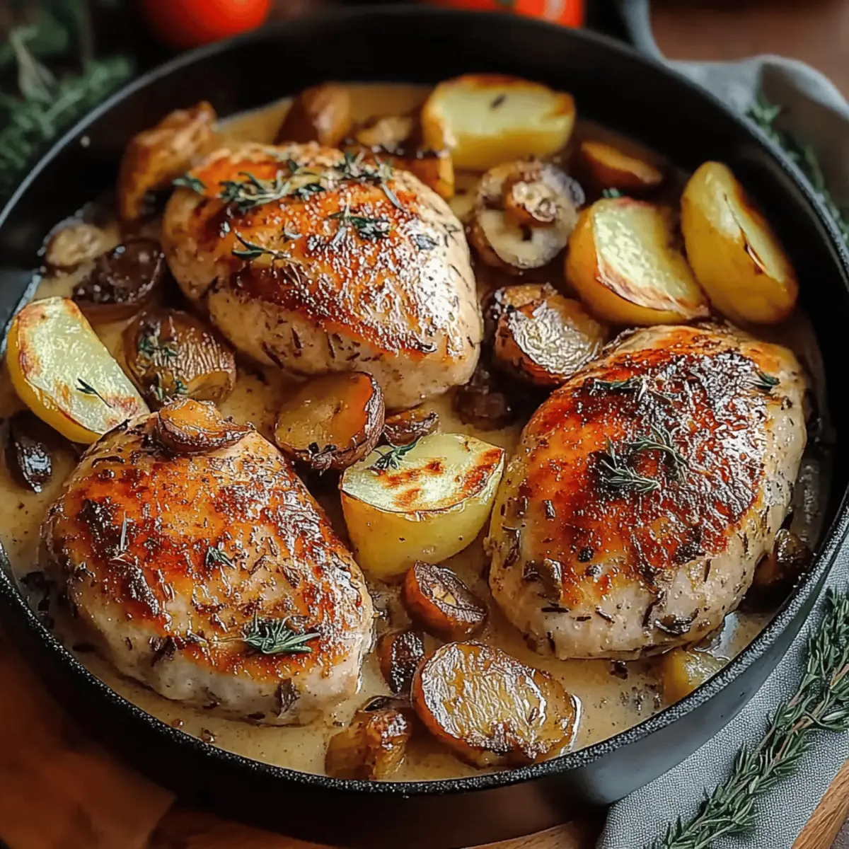 Herb Roasted Chicken in Creamy White Sauce with Mushroom and Potatoes