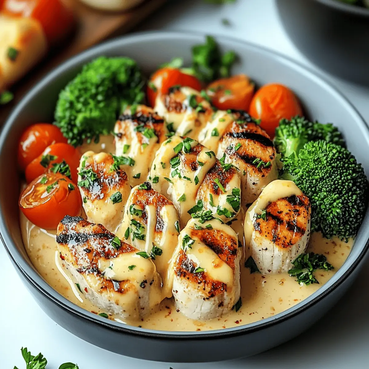 Grilled Chicken & Broccoli Bowls with Creamy Garlic Sauce