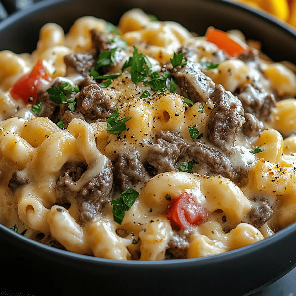 Creamy Philly Cheesesteak Mac & Cheese