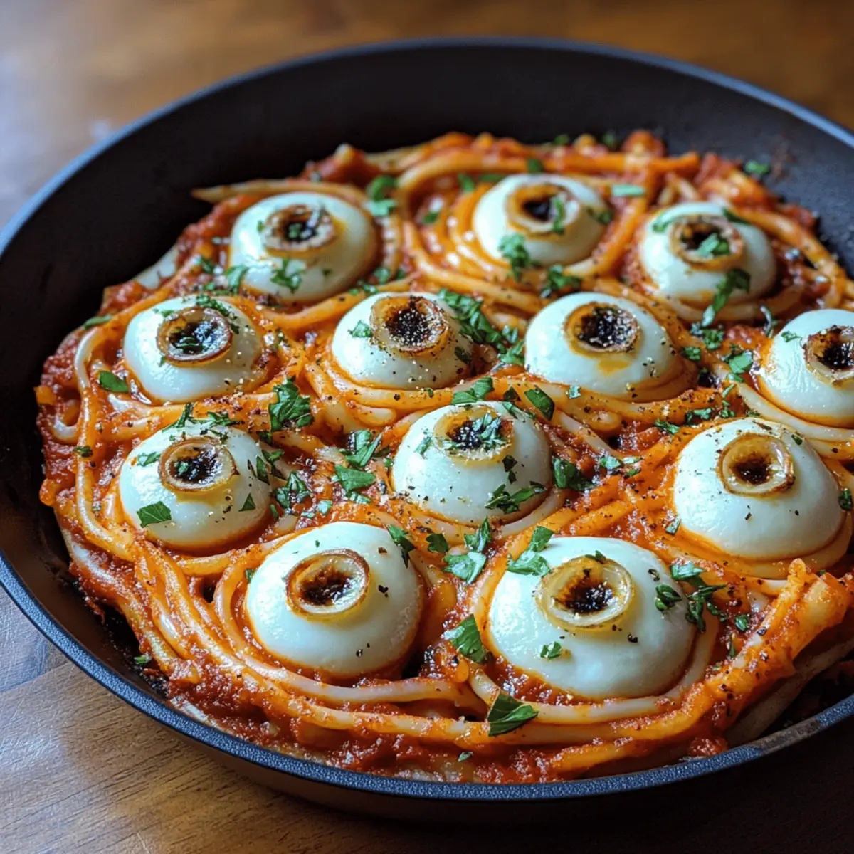 Bloody Spaghetti with Mozzarella Eyeballs