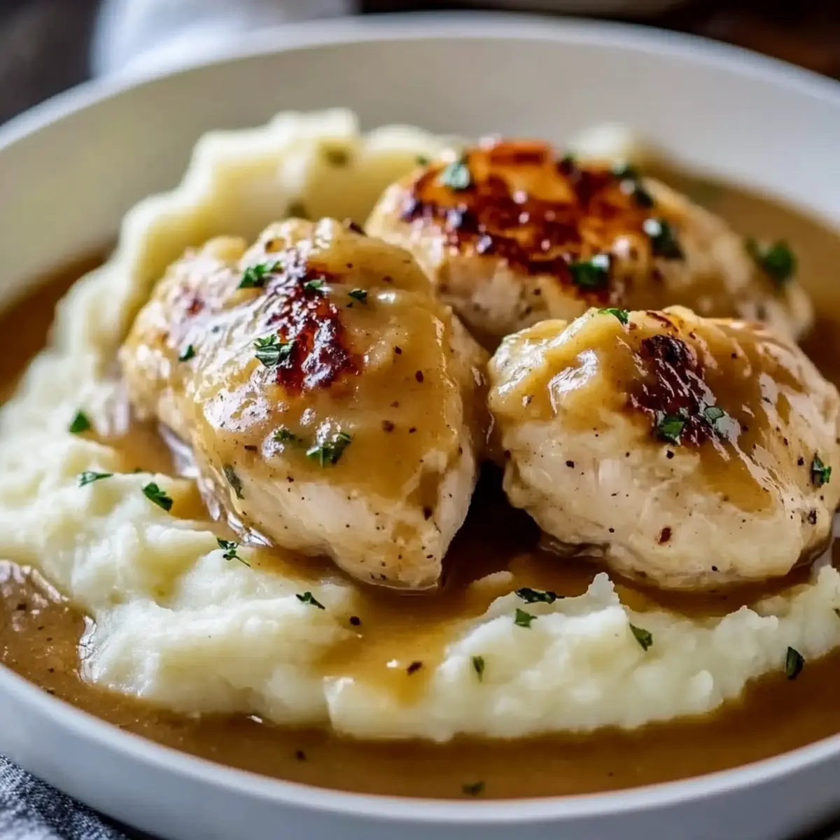 Chicken and Garlic Gravy with Cheesy Mashed Potatoes