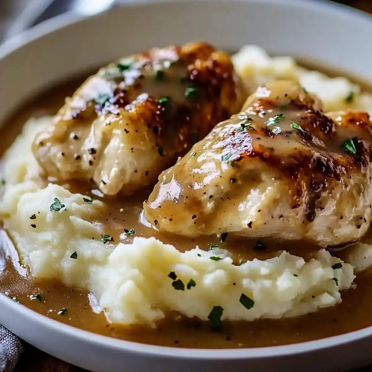 Chicken and Garlic Gravy with Cheesy Mashed Potatoes