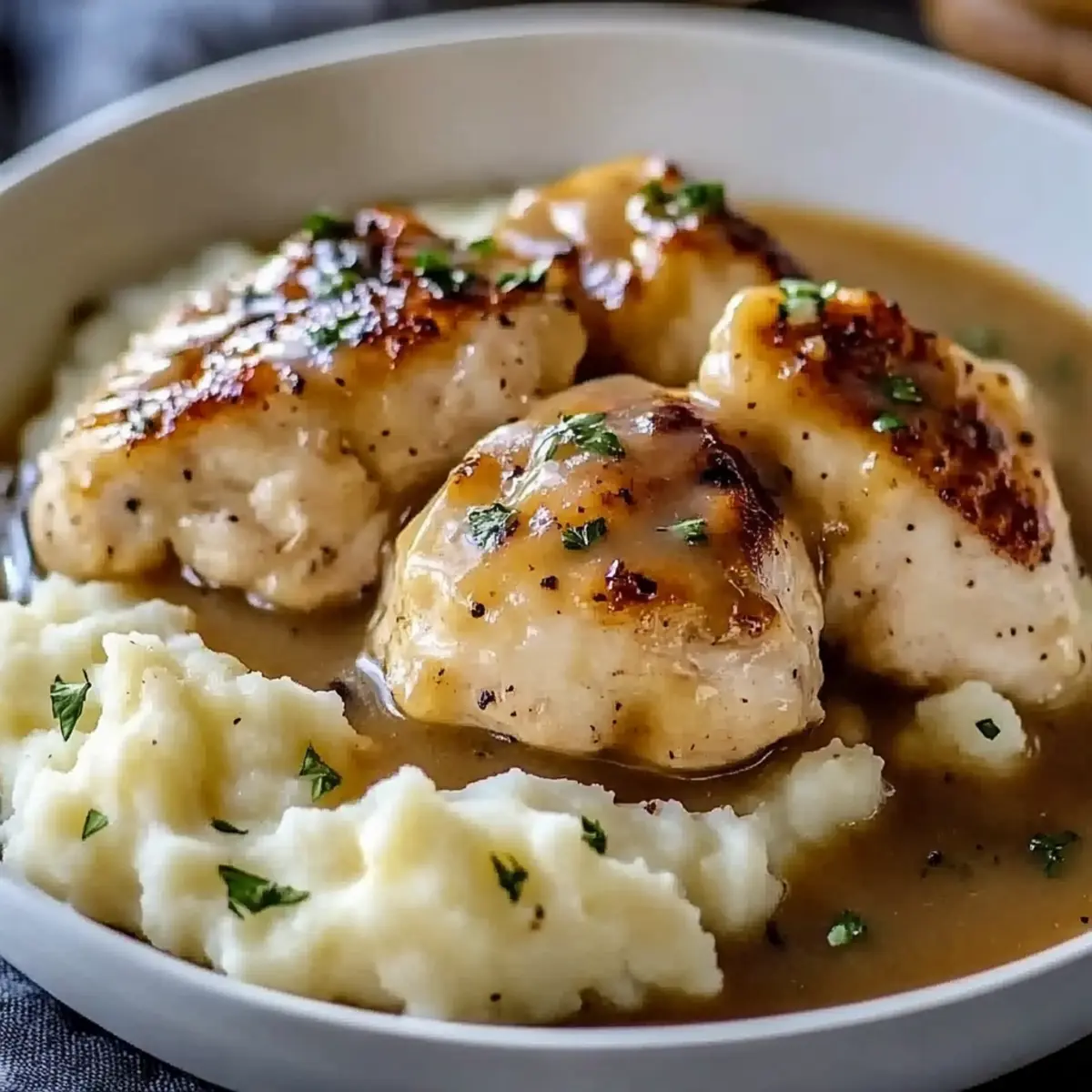 Chicken and Garlic Gravy with Cheesy Mashed Potatoes