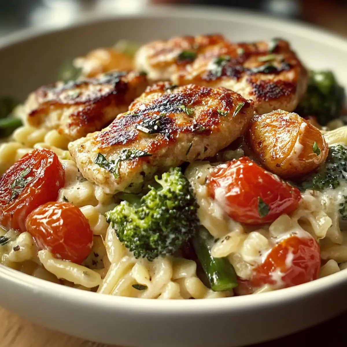 Boursin Orzo Bake: Creamy, One-Pan Dinner with Chicken & Veggies → Creamy Orzo Bake with Chicken and Veggies