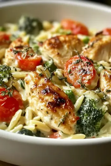 Boursin Orzo Bake: Creamy, One-Pan Dinner with Chicken & Veggies → Creamy Orzo Bake with Chicken and Veggies