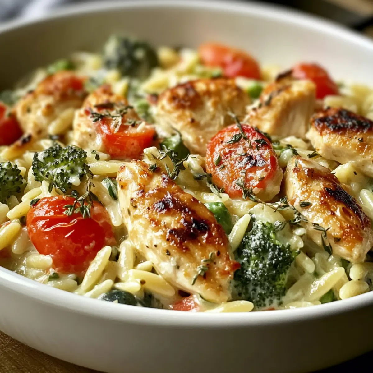 Boursin Orzo Bake: Creamy, One-Pan Dinner with Chicken & Veggies → Creamy Orzo Bake with Chicken and Veggies