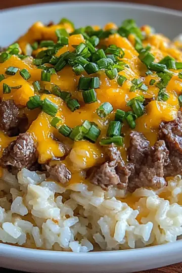 Creamy Garlic Butter Beef and Cheddar Rice