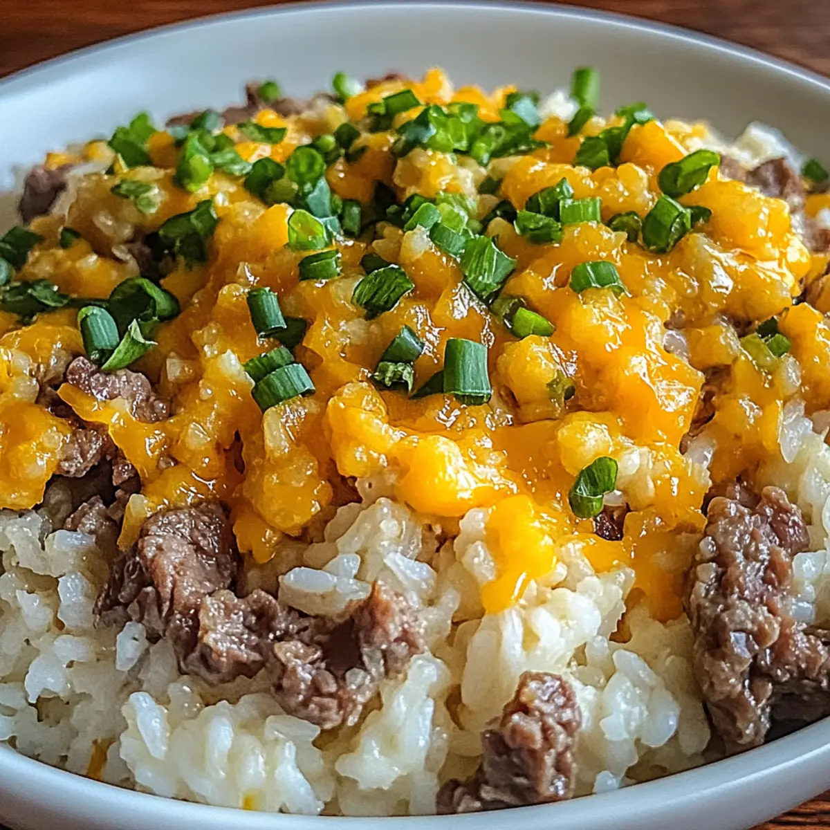 Creamy Garlic Butter Beef and Cheddar Rice