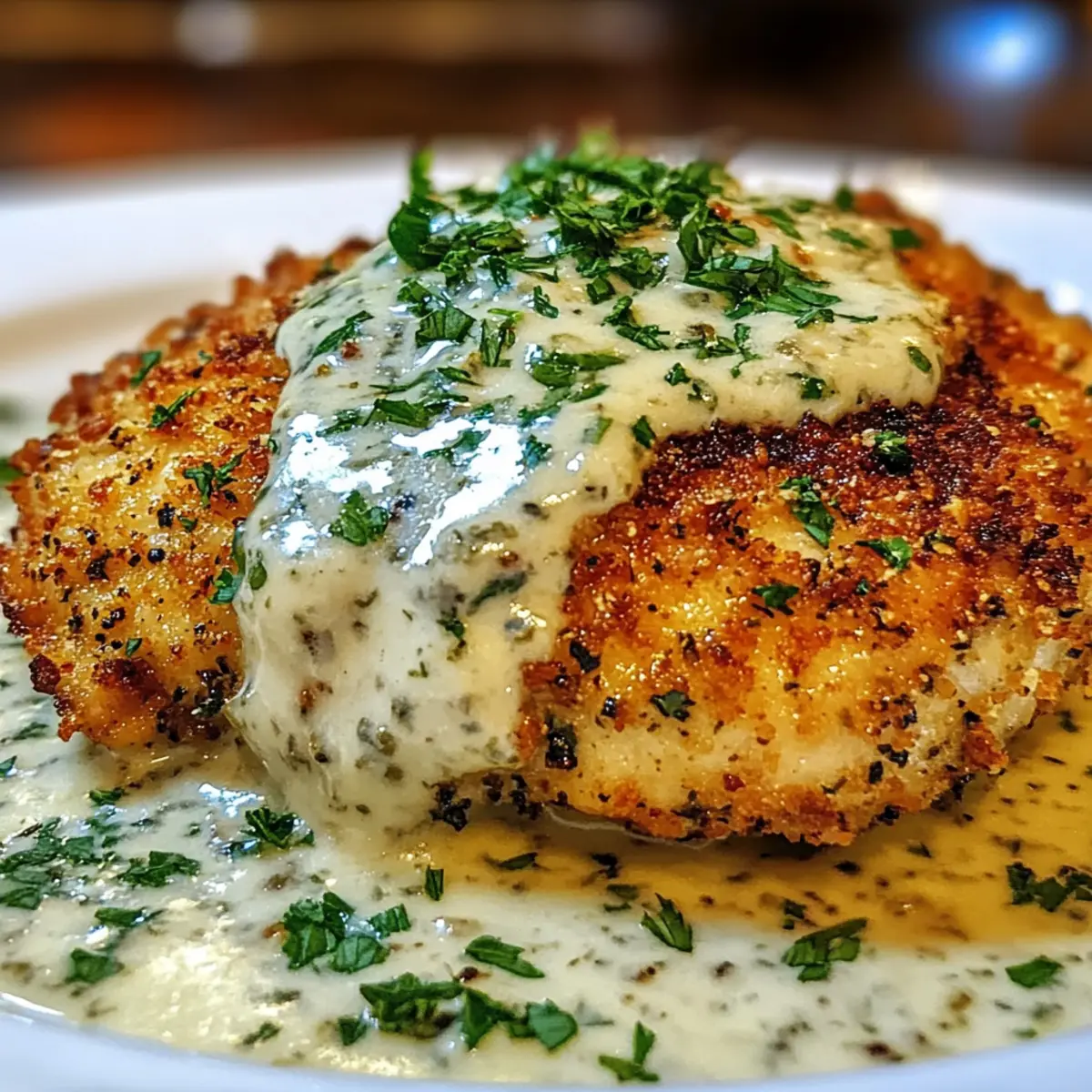 Crispy Herb-Crusted Chicken Romano with Tangy Parmesan Cream Sauce