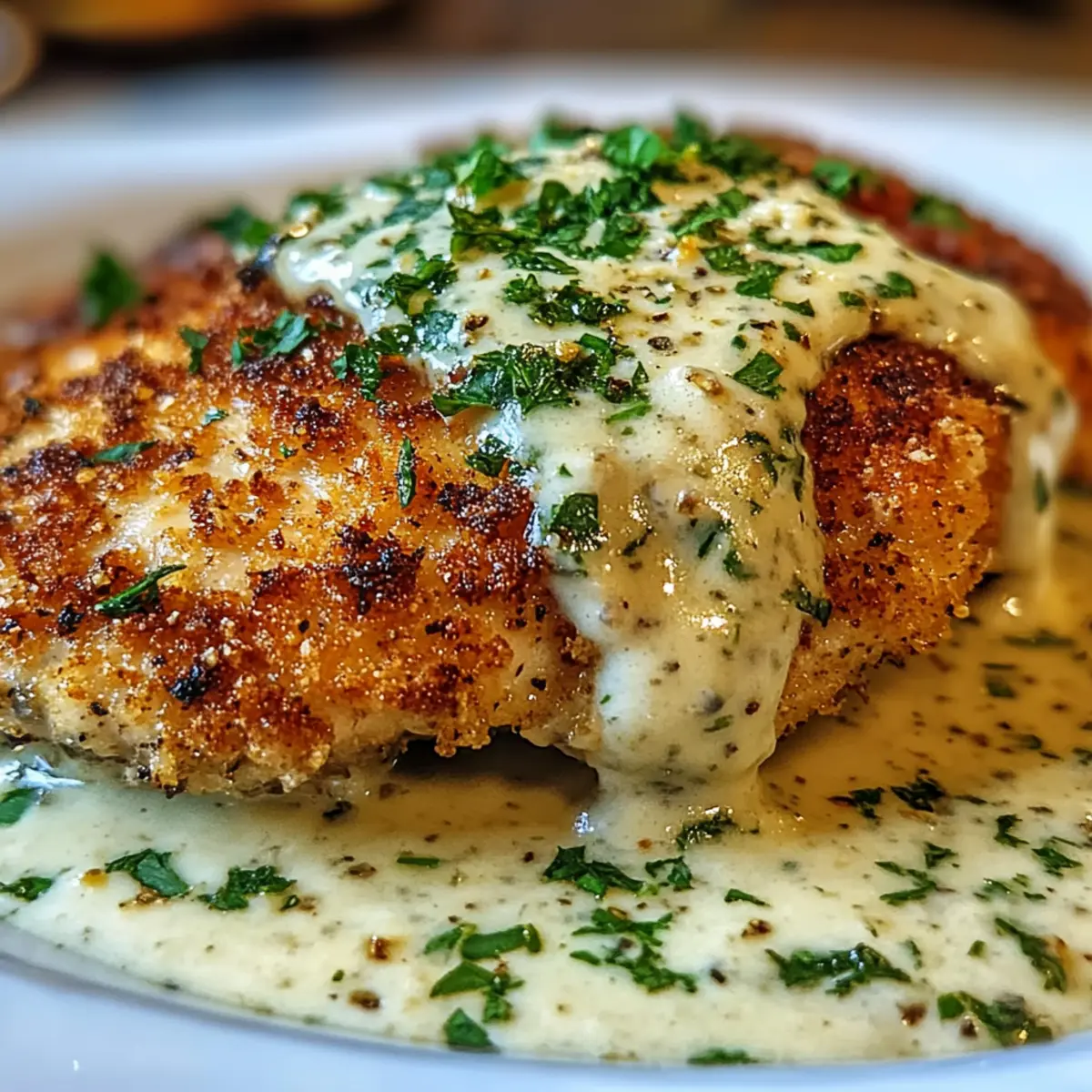 Crispy Herb-Crusted Chicken Romano with Tangy Parmesan Cream Sauce