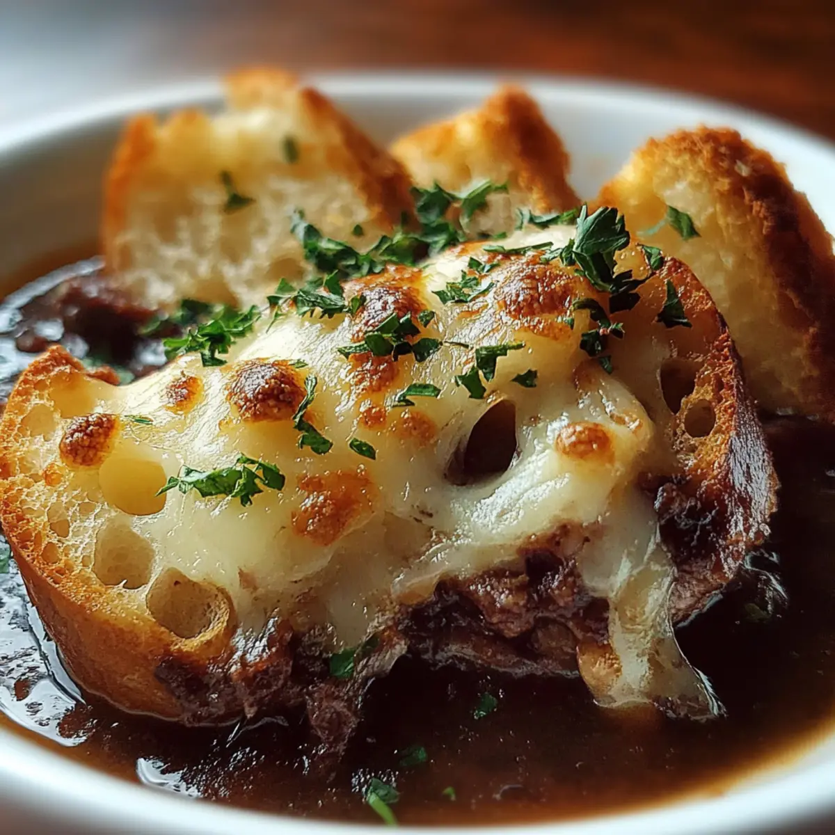 French Onion Beef Stew with Cheesy Bread Topping