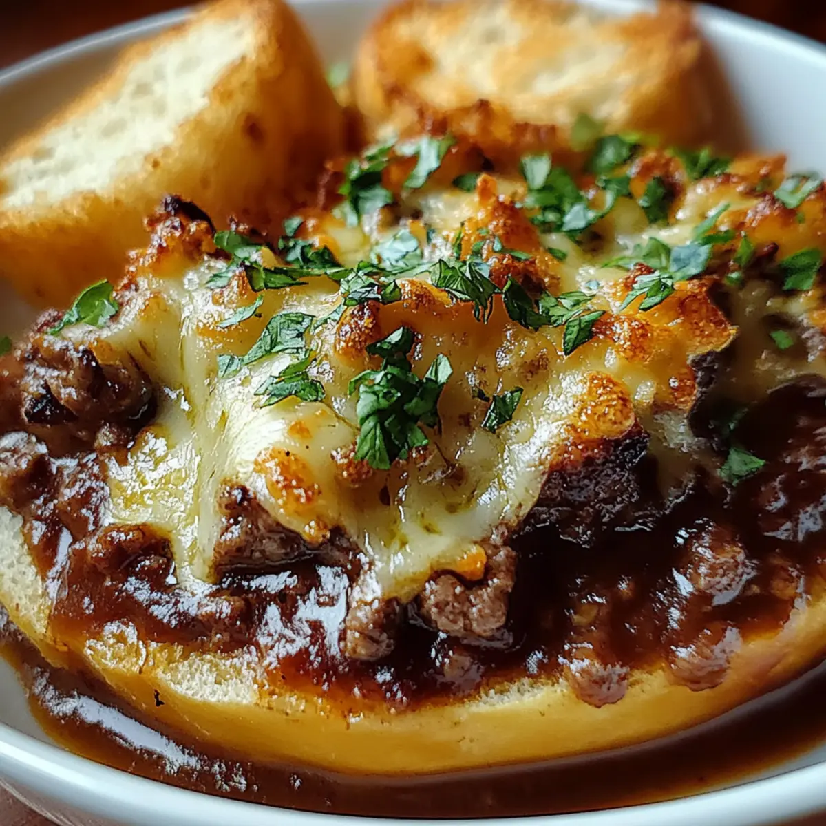 French Onion Beef Stew with Cheesy Bread Topping