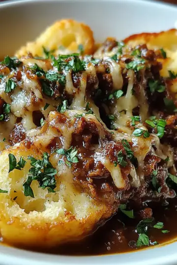 French Onion Beef Stew with Cheesy Bread Topping