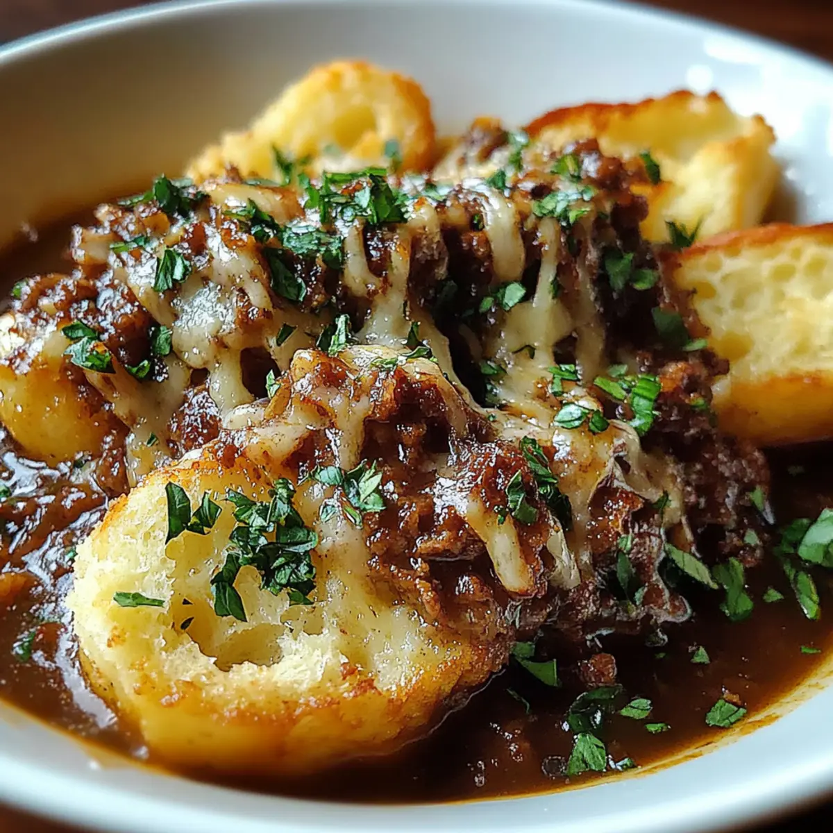 French Onion Beef Stew with Cheesy Bread Topping