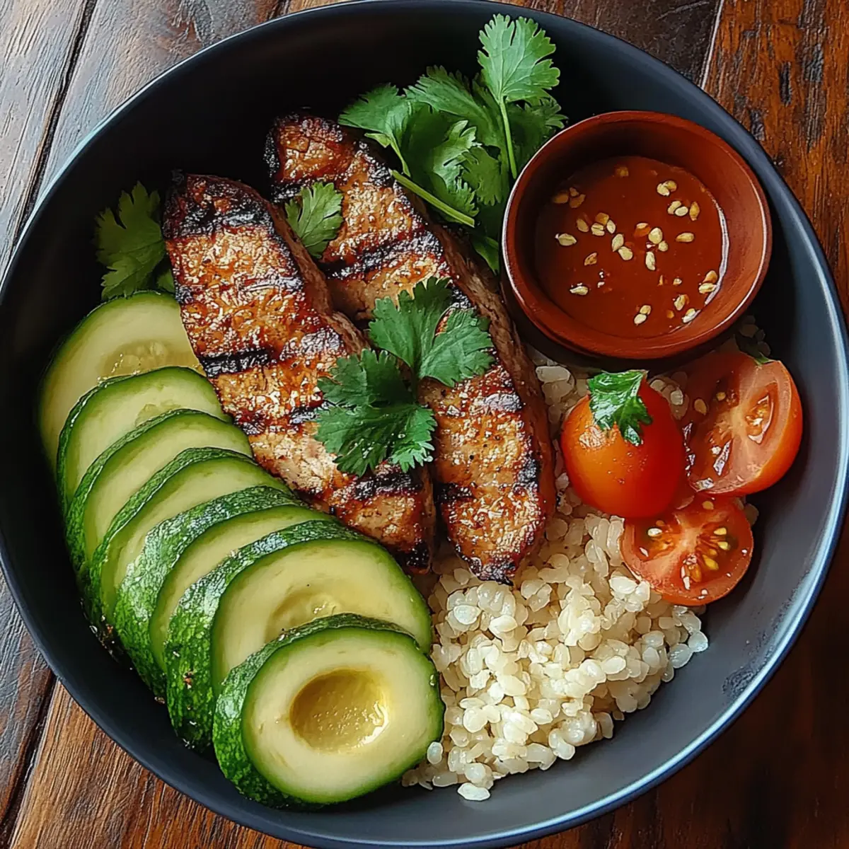 Grilled Steak Bowl with Sauce & Grilled Zucchini