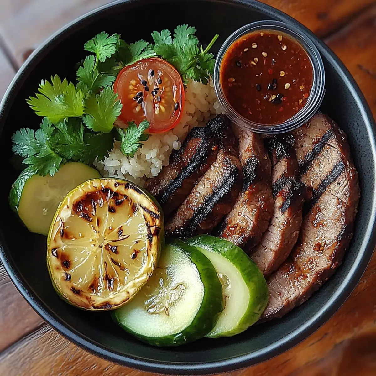 Grilled Steak Bowl with Sauce & Grilled Zucchini