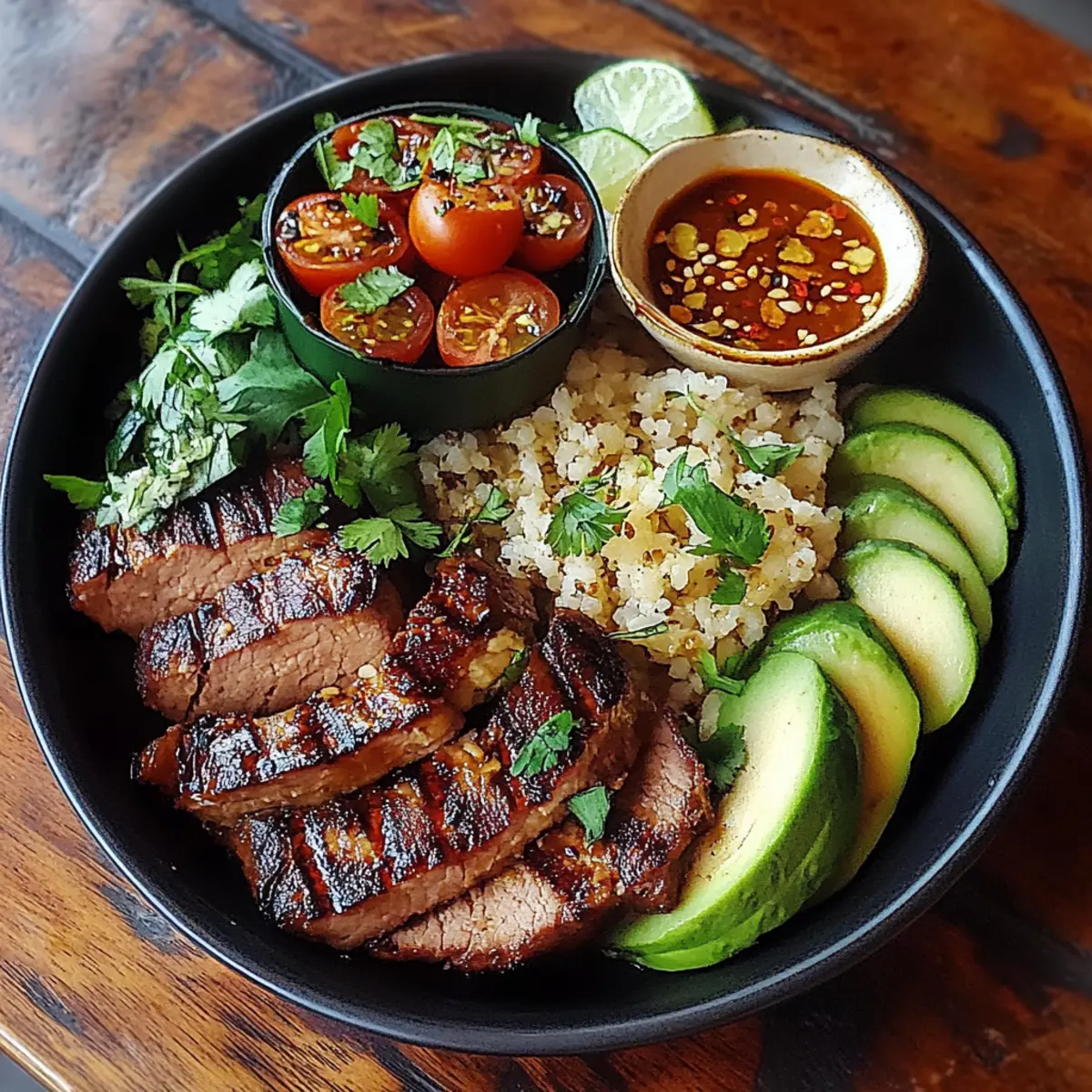 Grilled Steak Bowl with Sauce & Grilled Zucchini