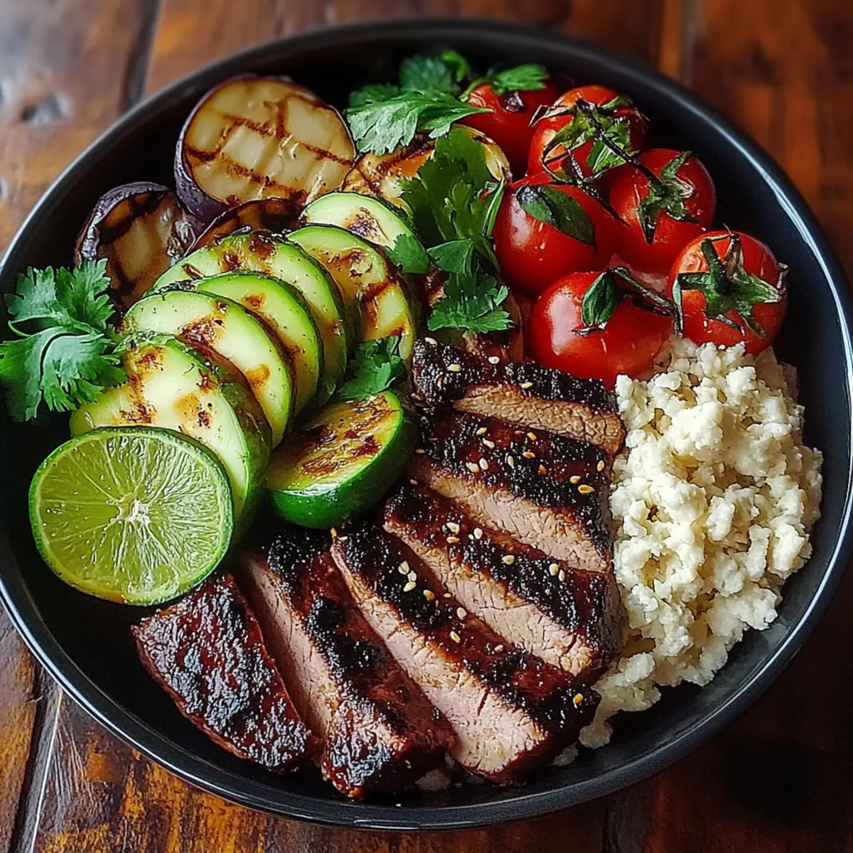 Grilled Steak Bowl with Sauce & Grilled Zucchini