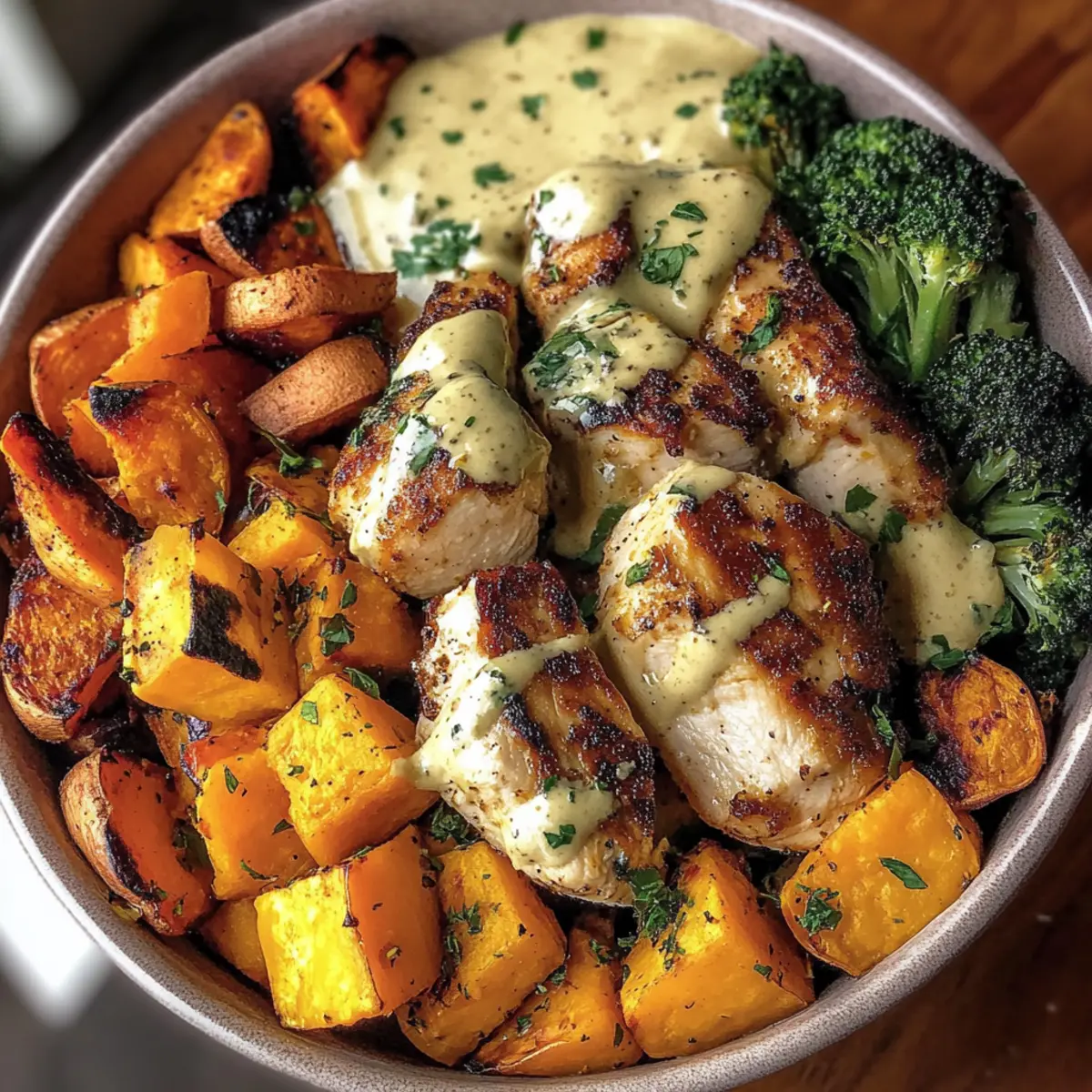 Maple Dijon Chicken Bowl with Roasted Sweet Potatoes & Veggies