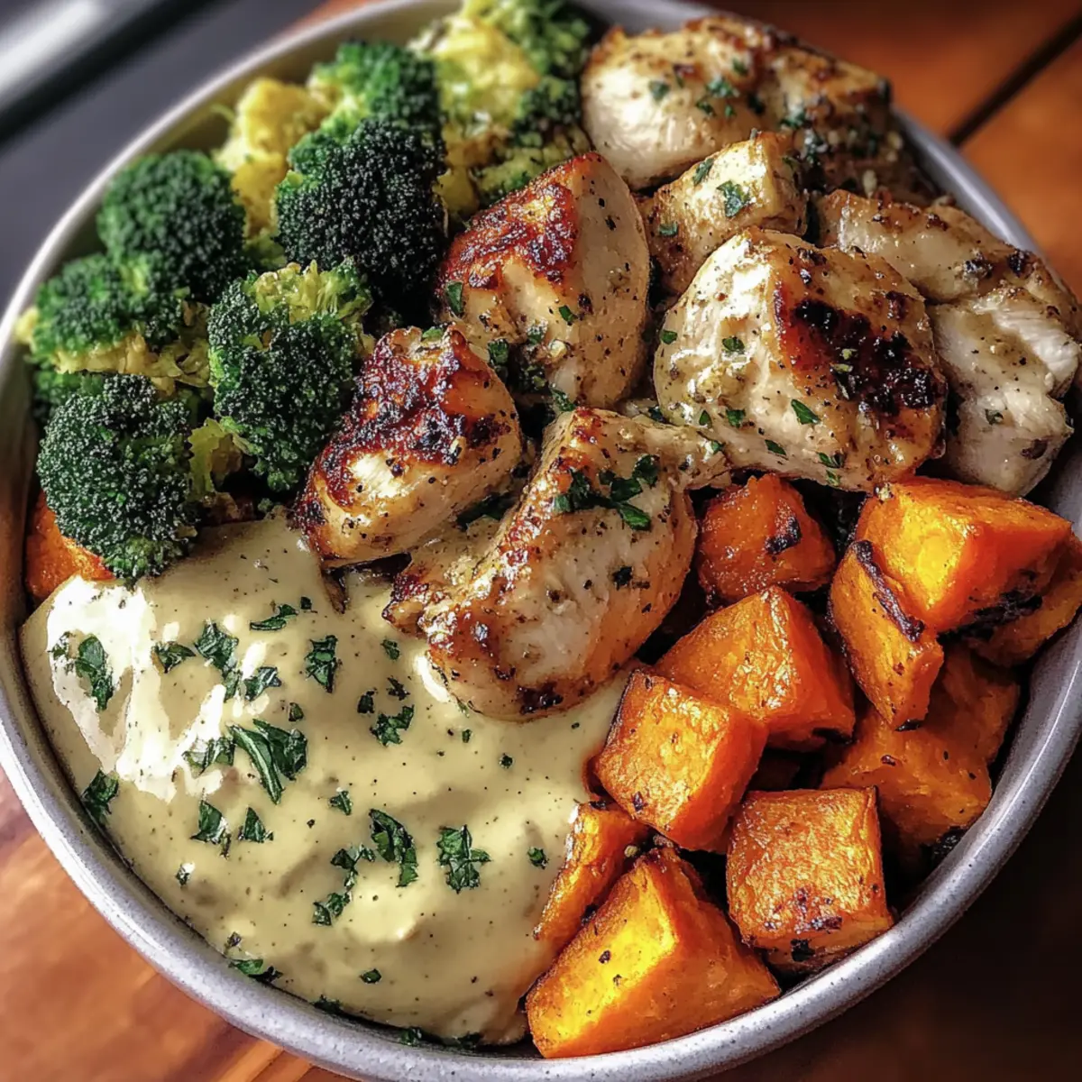 Maple Dijon Chicken Bowl with Roasted Sweet Potatoes & Veggies