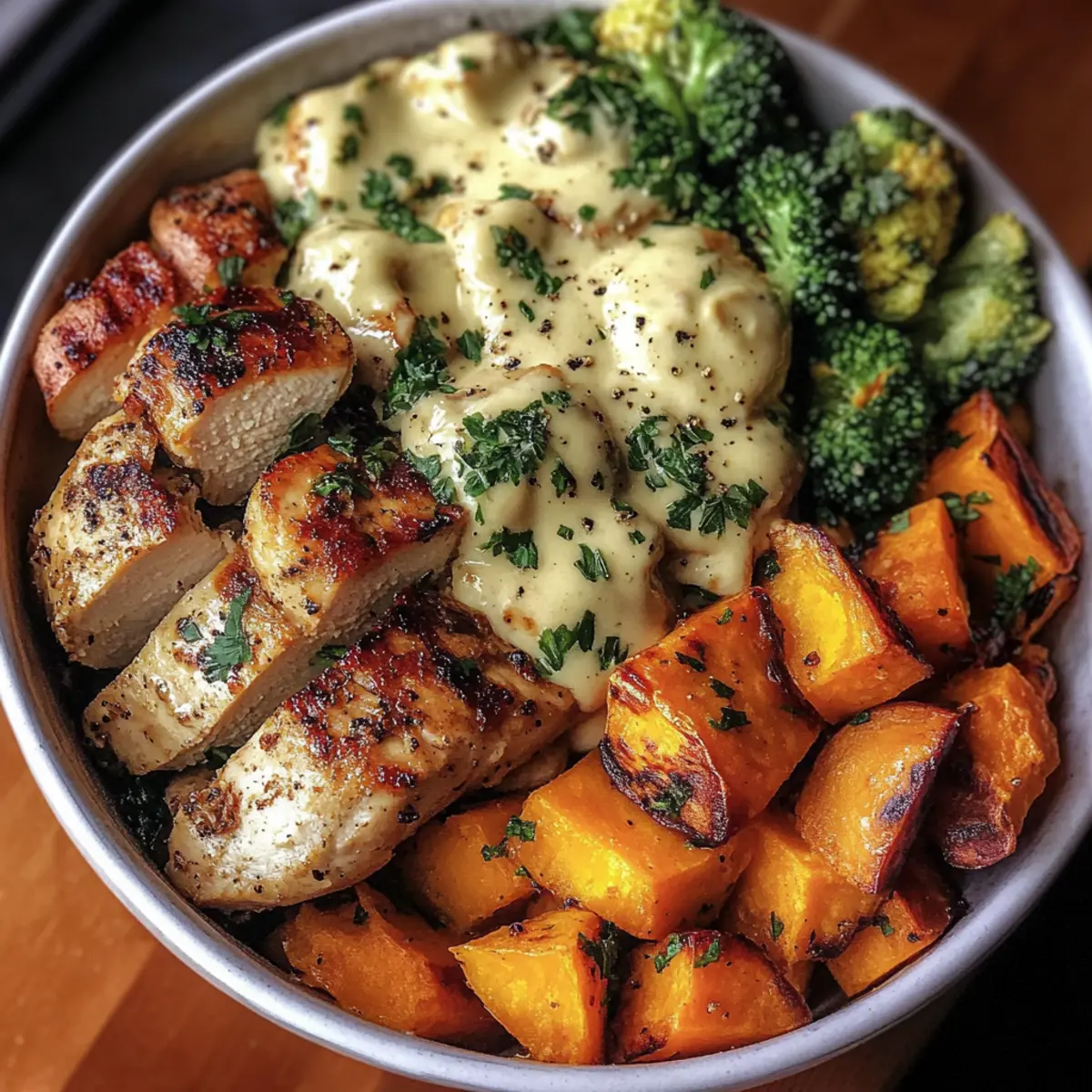 Maple Dijon Chicken Bowl with Roasted Sweet Potatoes & Veggies