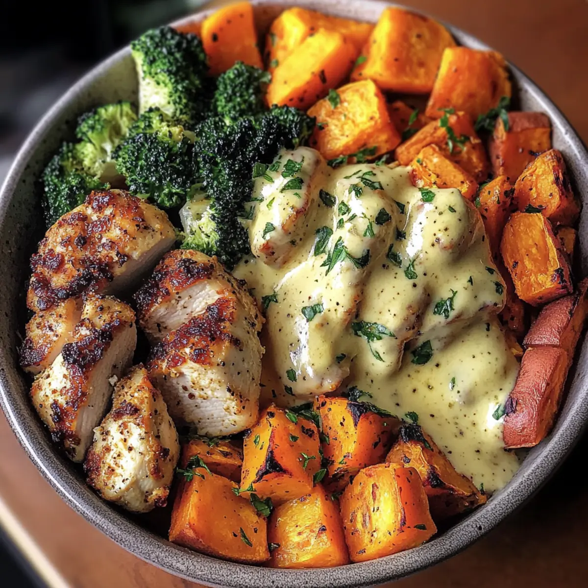 Maple Dijon Chicken Bowl with Roasted Sweet Potatoes & Veggies