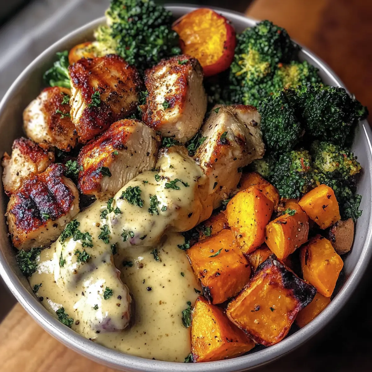 Maple Dijon Chicken Bowl with Roasted Sweet Potatoes & Veggies
