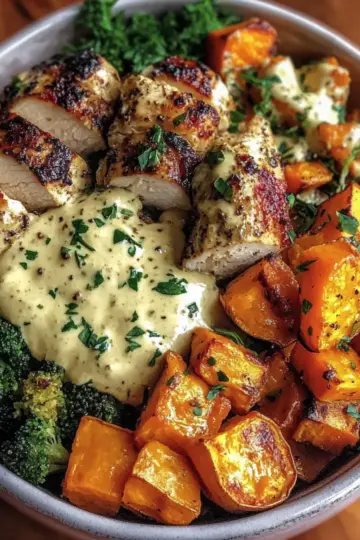 Maple Dijon Chicken Bowl with Roasted Sweet Potatoes & Veggies