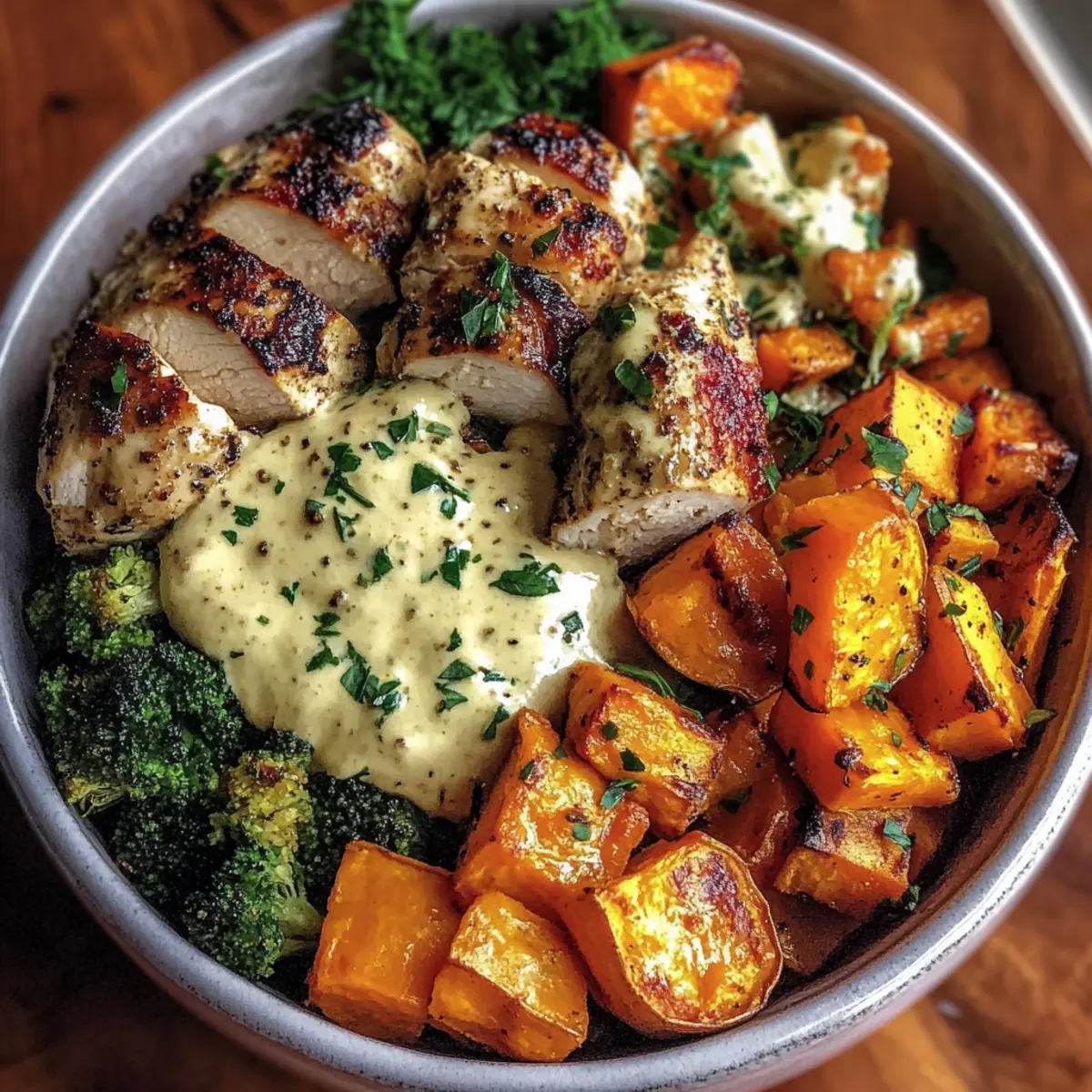 Maple Dijon Chicken Bowl with Roasted Sweet Potatoes & Veggies