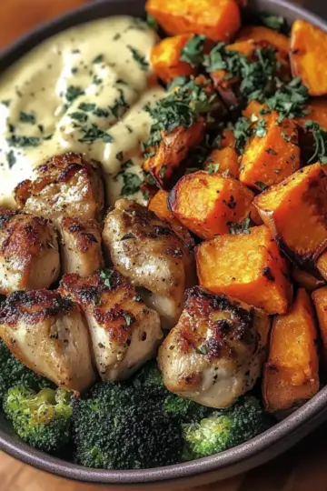 Maple Dijon Chicken Bowl with Roasted Sweet Potatoes & Veggies