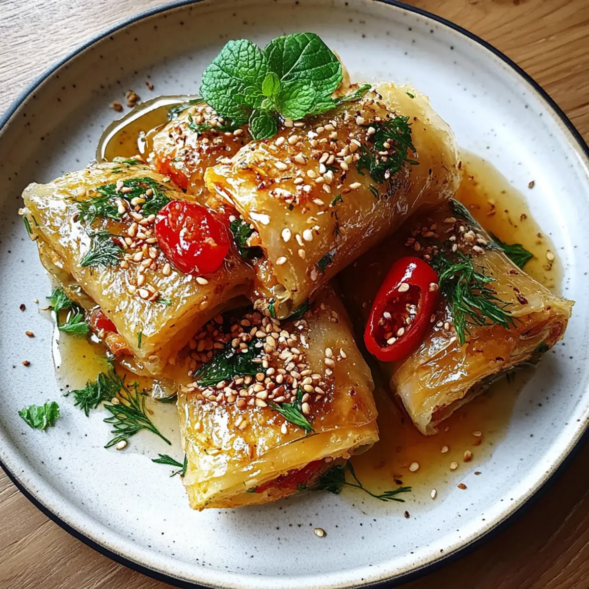 Oven Fried Feta Rolls with Chili Honey