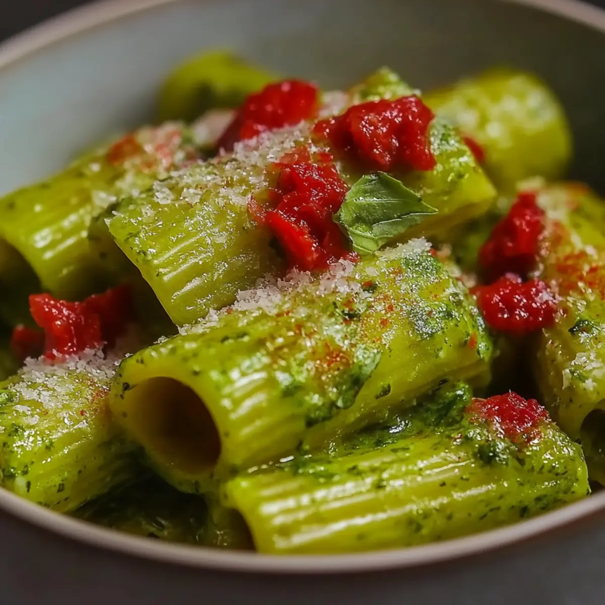 Pesto Rigatoni with Cherry Tomatoes