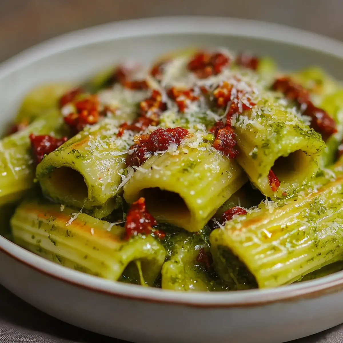Pesto Rigatoni with Cherry Tomatoes
