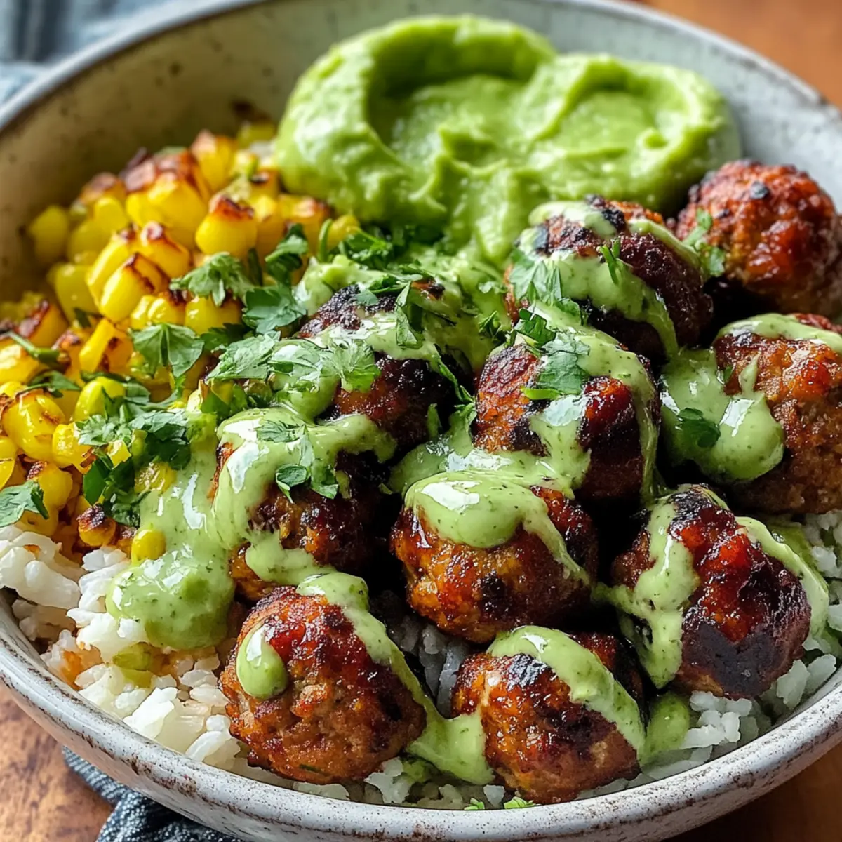 Barbecue Meatball Bowls with Avocado Goddess Sauce