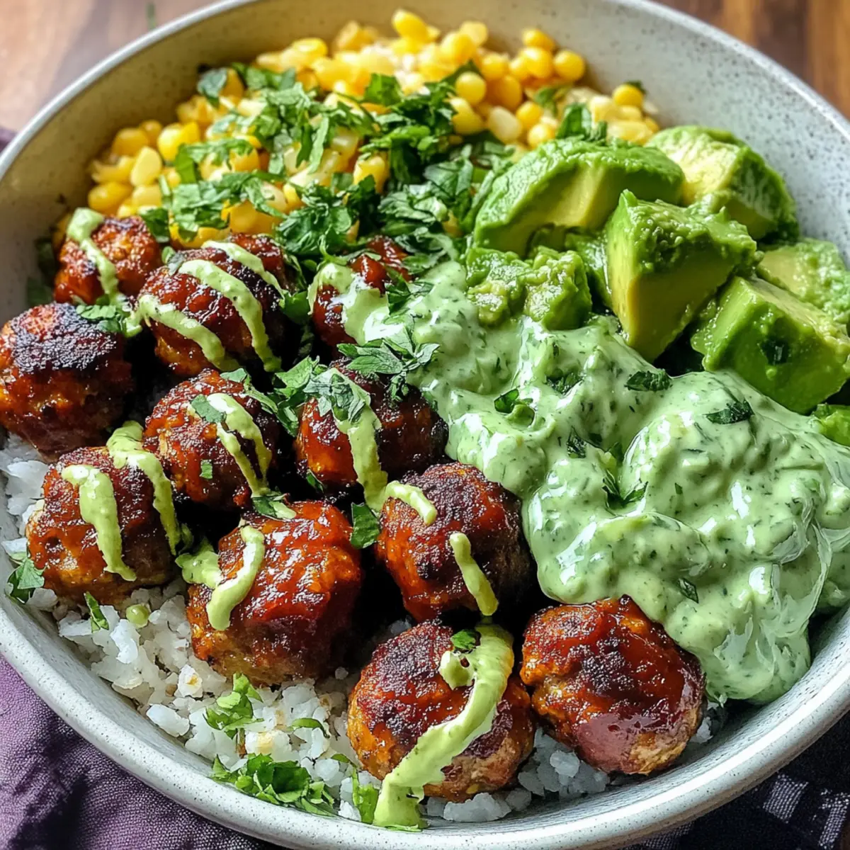 Barbecue Meatball Bowls with Avocado Goddess Sauce