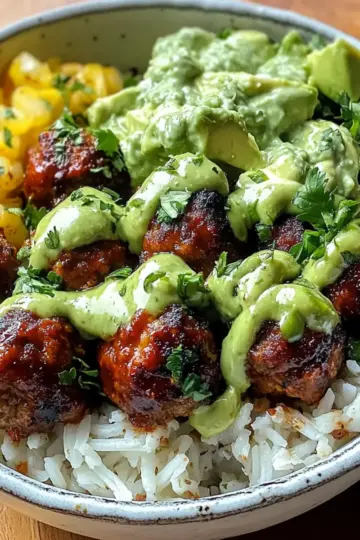 Barbecue Meatball Bowls with Avocado Goddess Sauce