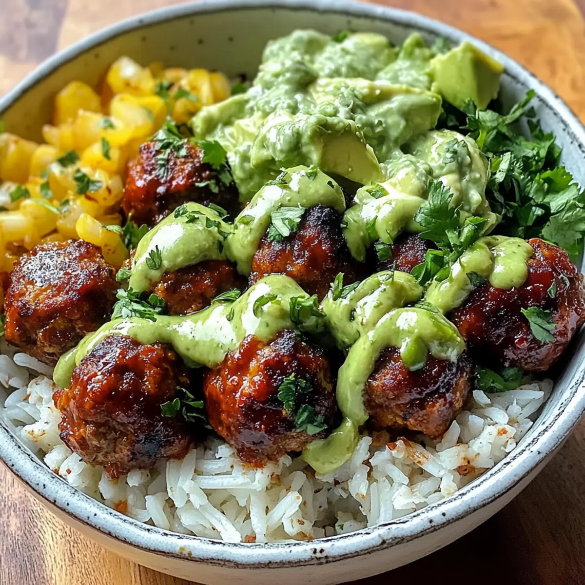 Barbecue Meatball Bowls with Avocado Goddess Sauce