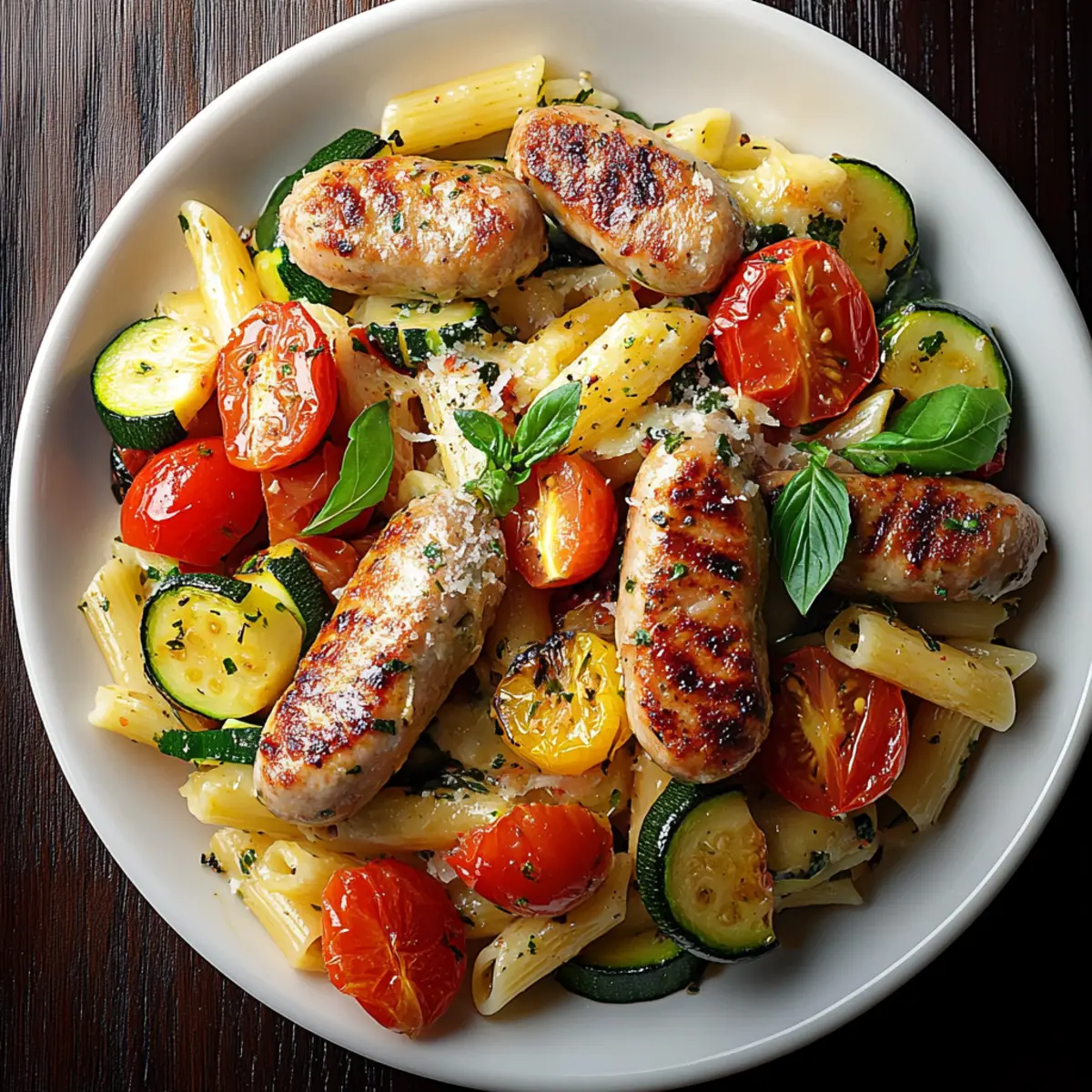Chicken Sausages with Zucchini, Tomatoes, and Pasta
