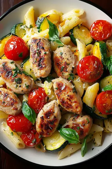 Chicken Sausages with Zucchini, Tomatoes, and Pasta