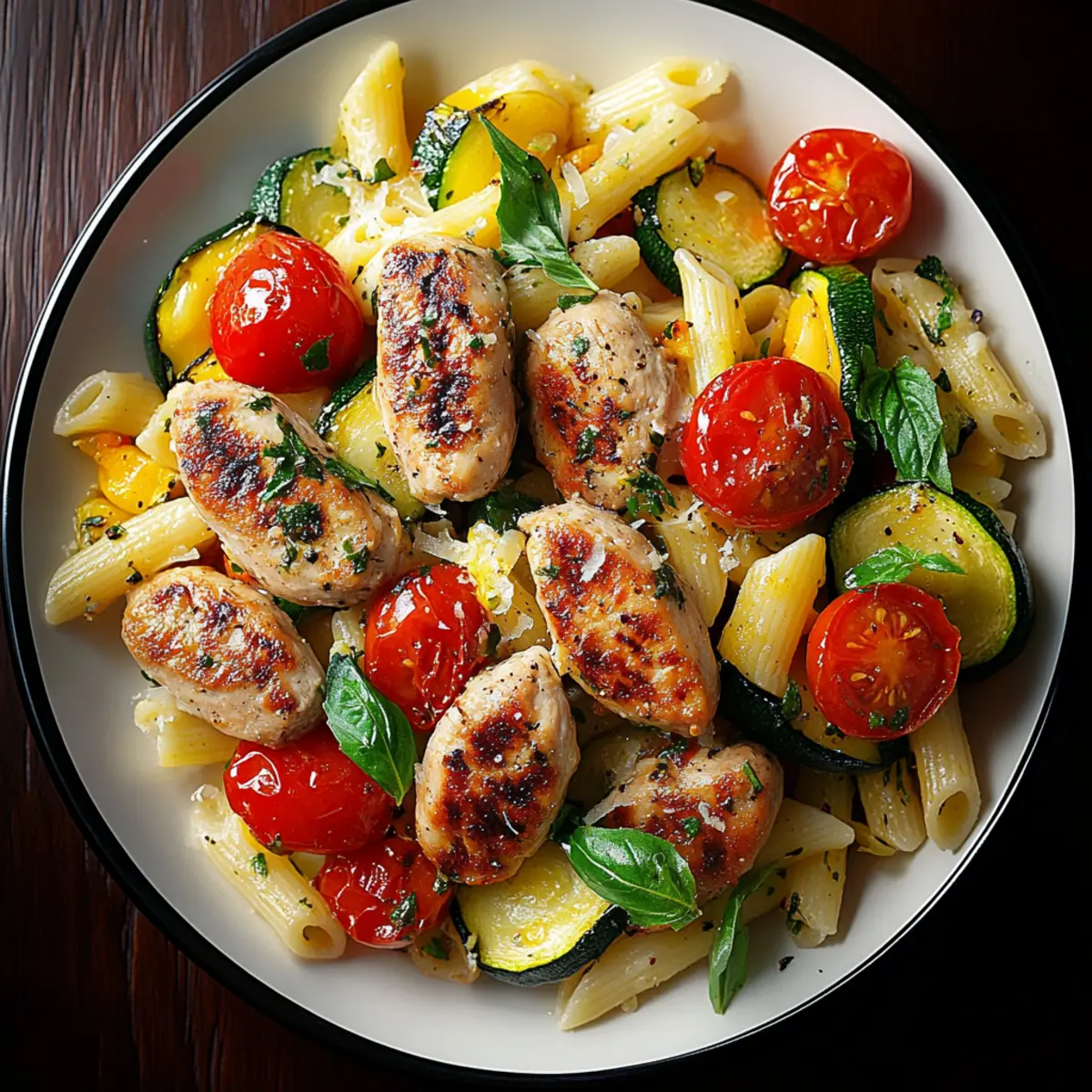 Chicken Sausages with Zucchini, Tomatoes, and Pasta