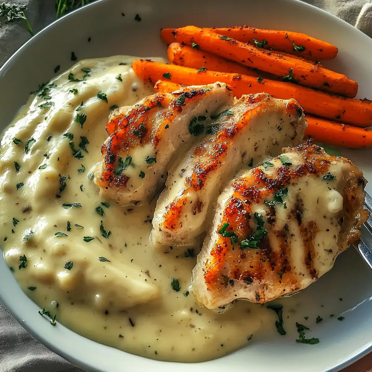 Creamy Herb Chicken with Mashed Potatoes and Glazed Carrots
