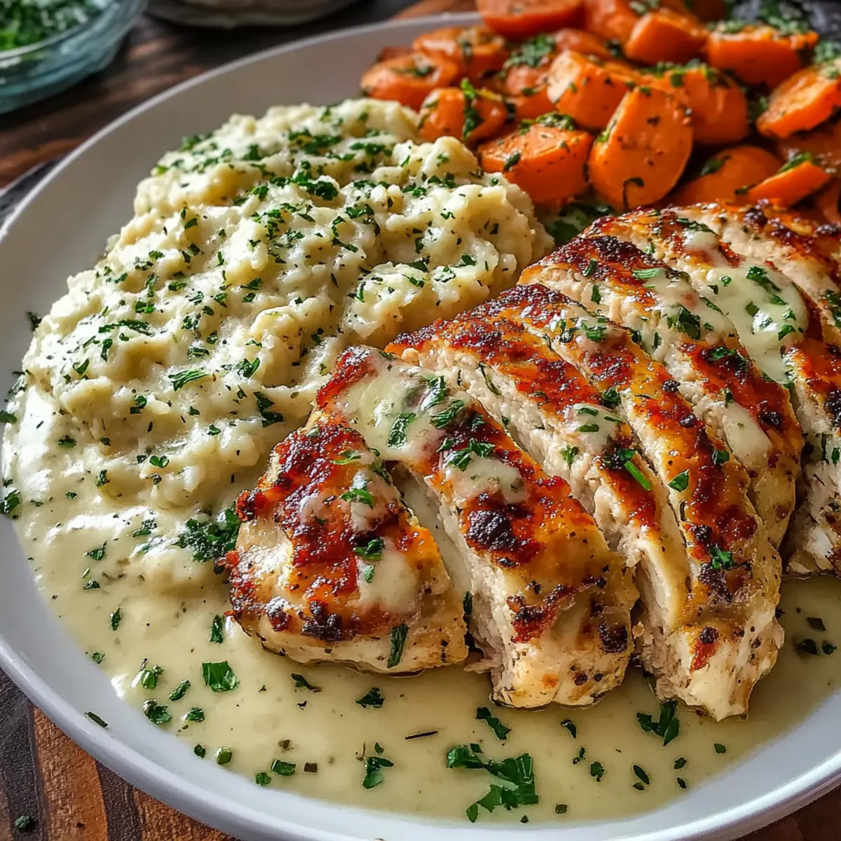 Creamy Herb Chicken with Mashed Potatoes and Glazed Carrots