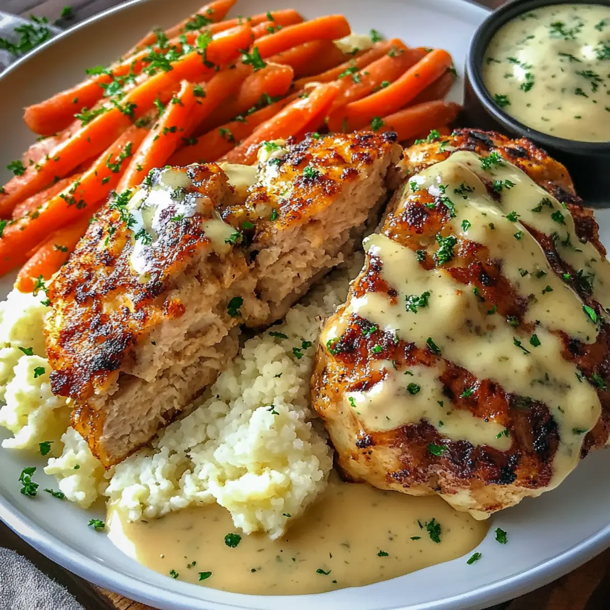 Creamy Herb Chicken with Mashed Potatoes and Glazed Carrots