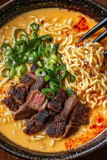 Spicy Korean Ramen with Grilled Beef and Creamy Sauce