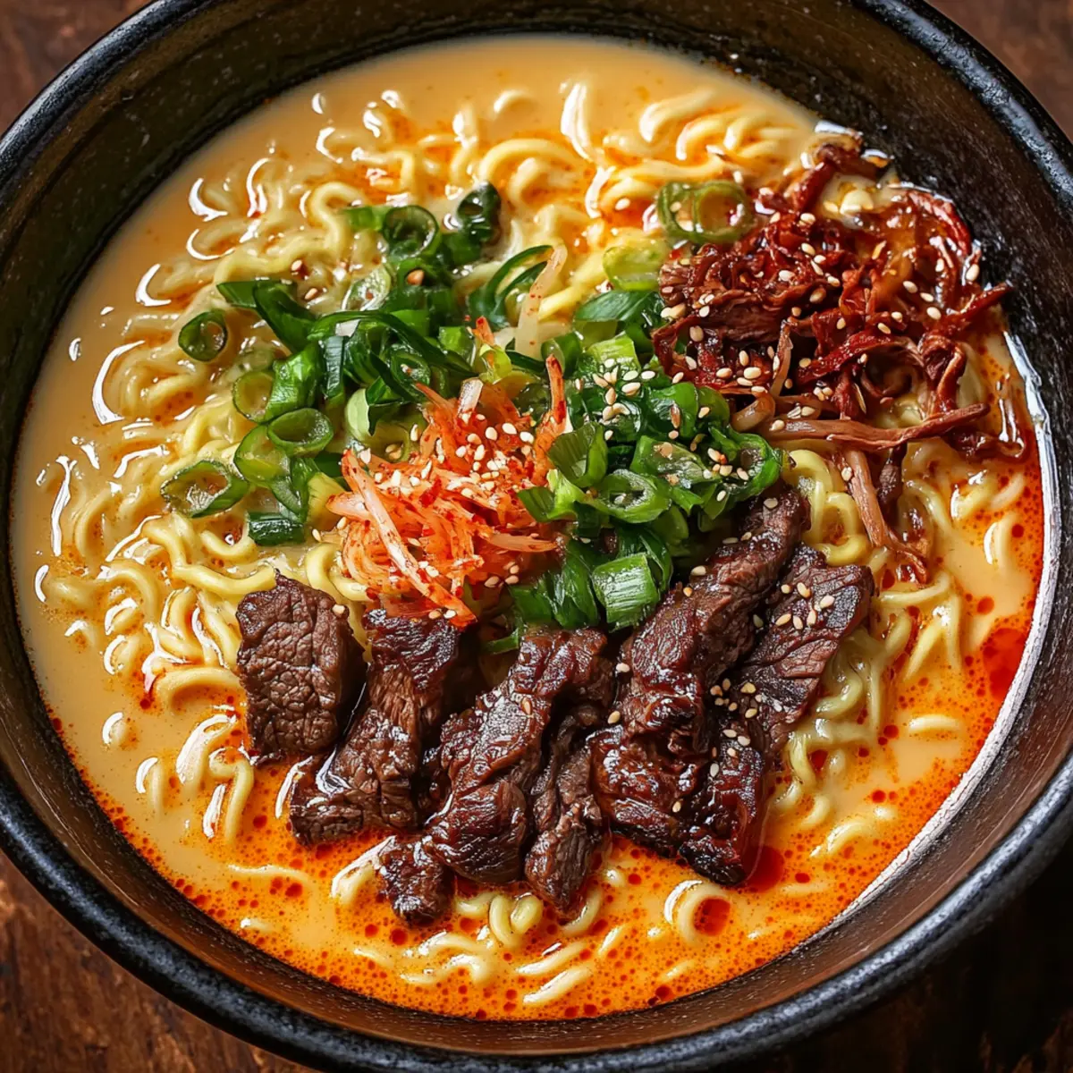 Spicy Korean Ramen with Grilled Beef and Creamy Sauce